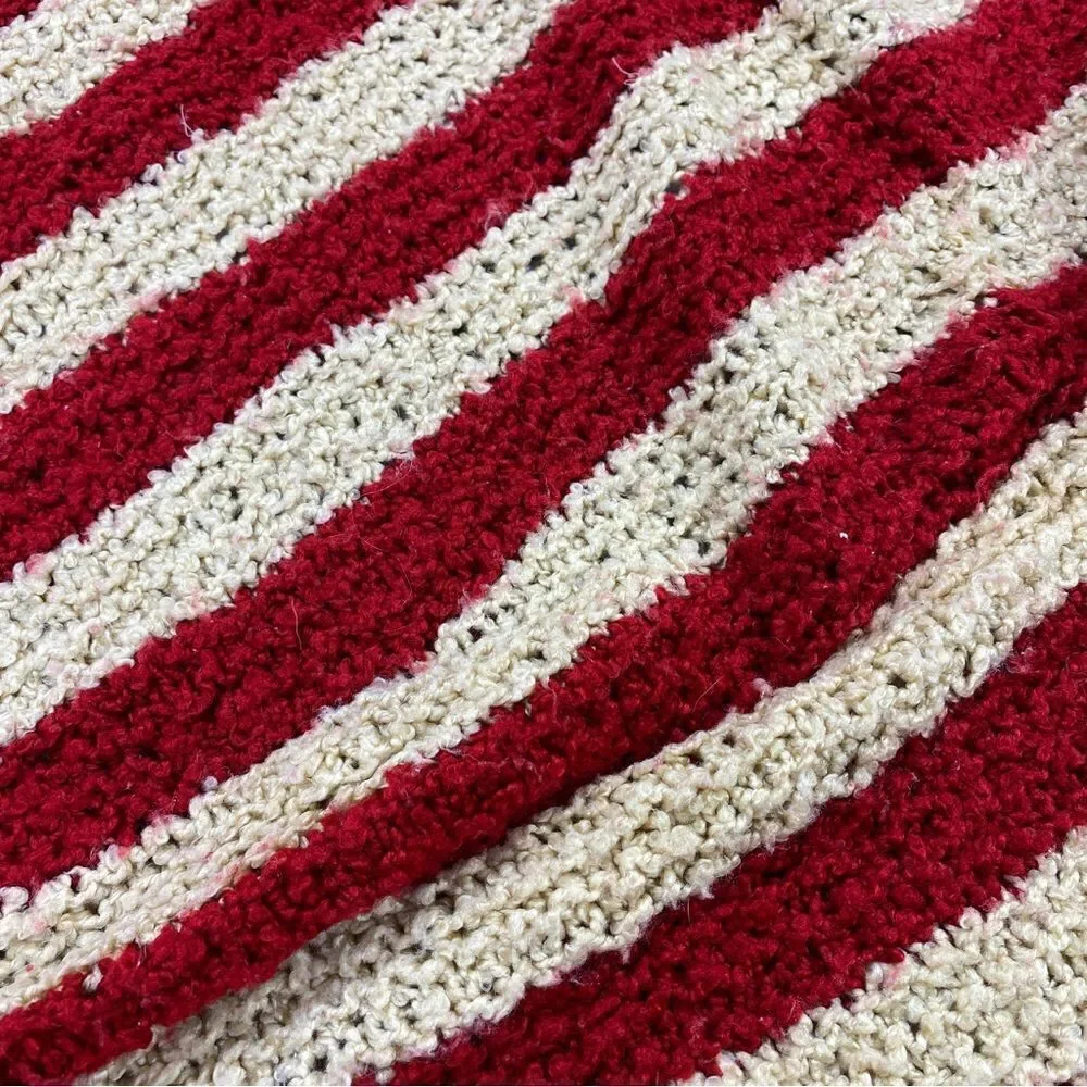 Striped Boucle Knit‎ Afghan Blanket Red Beige Boho 58 x 58
